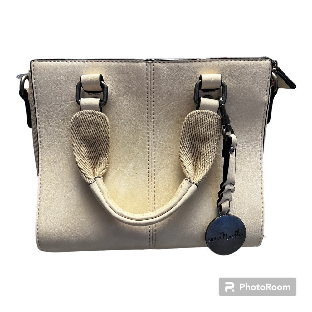 Simply Noelle Leather Tote Purse, Cream with Canvas and Metal Accents